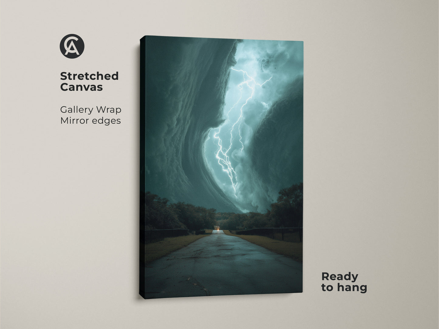 This stretched canvas features a captivating teal lightning storm. Gallery wrapped with mirrored edges it is ready to hang. The artwork captures a dramatic lightning strike over a road. This nature weather artwork print brings cinematic flair to any space. Perfect as travel themed home decor or modern office artwork.