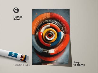 Poster print of an abstract geometric eye rolled in a tube. This red orange blue artwork offers a psychedelic optical illusion. It is easy to frame and adds a modern touch to any space. Perfect as eclectic home art or office decor this vivid color canvas art is a unique eye artwork. Great gift for art enthusiasts.