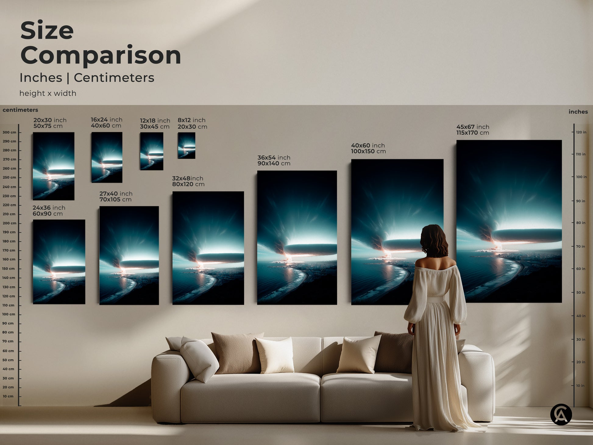 Size comparison of deep blue coastal cityscape artwork. See how various sizes from 8x12 to 45x67 inches look above a sofa. Available as canvas and poster prints. Perfect wall art for adding a touch of modern elegance to your home.