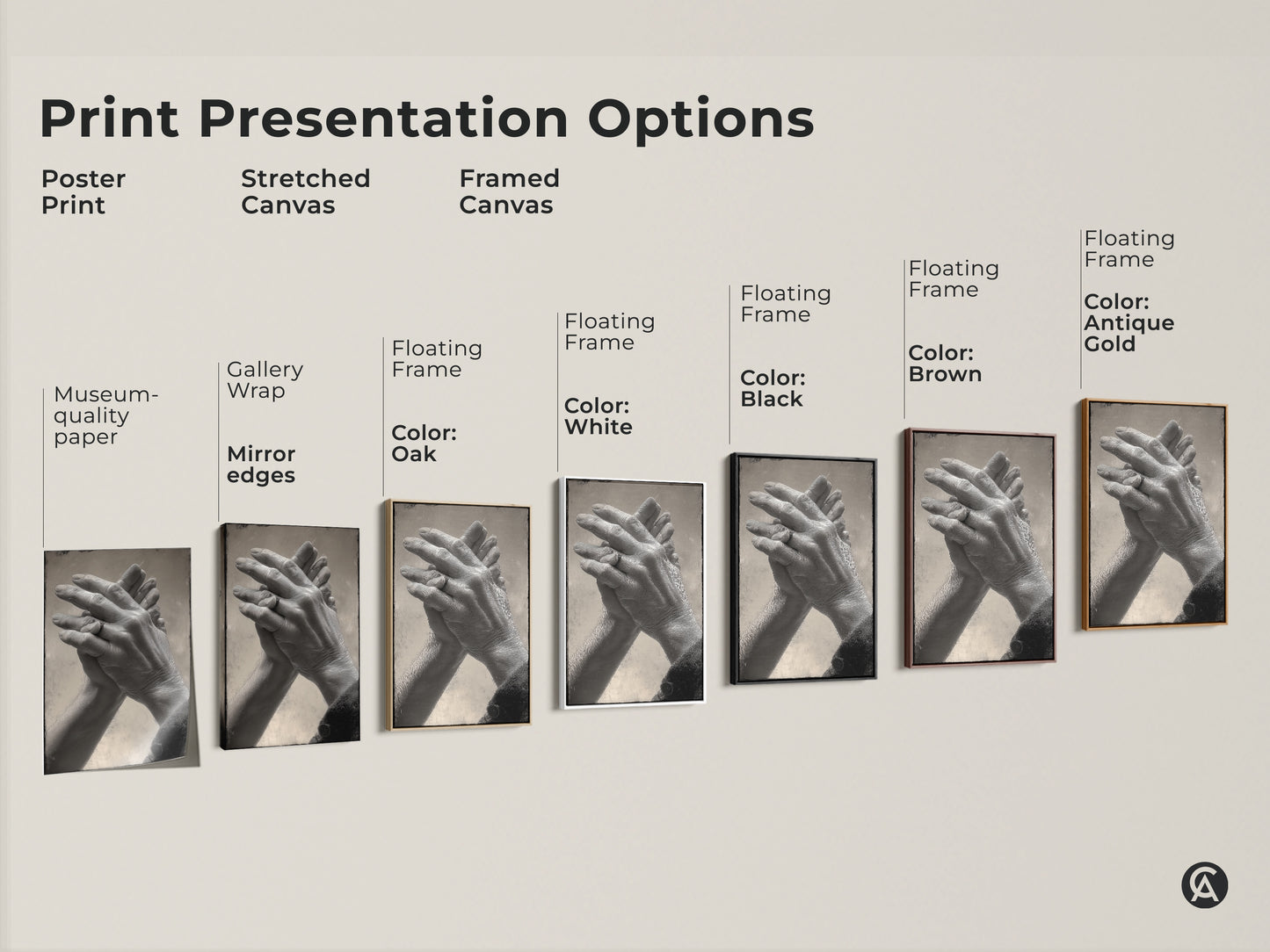 Print presentation options showcasing intertwined hands art. Available as poster stretched canvas or framed canvas. Options include black brown antique gold and white frames. Find the perfect style for your monochrome couple art.