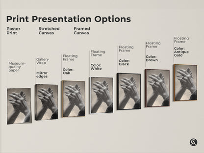 Print presentation options showcasing intertwined hands art. Available as poster stretched canvas or framed canvas. Options include black brown antique gold and white frames. Find the perfect style for your monochrome couple art.