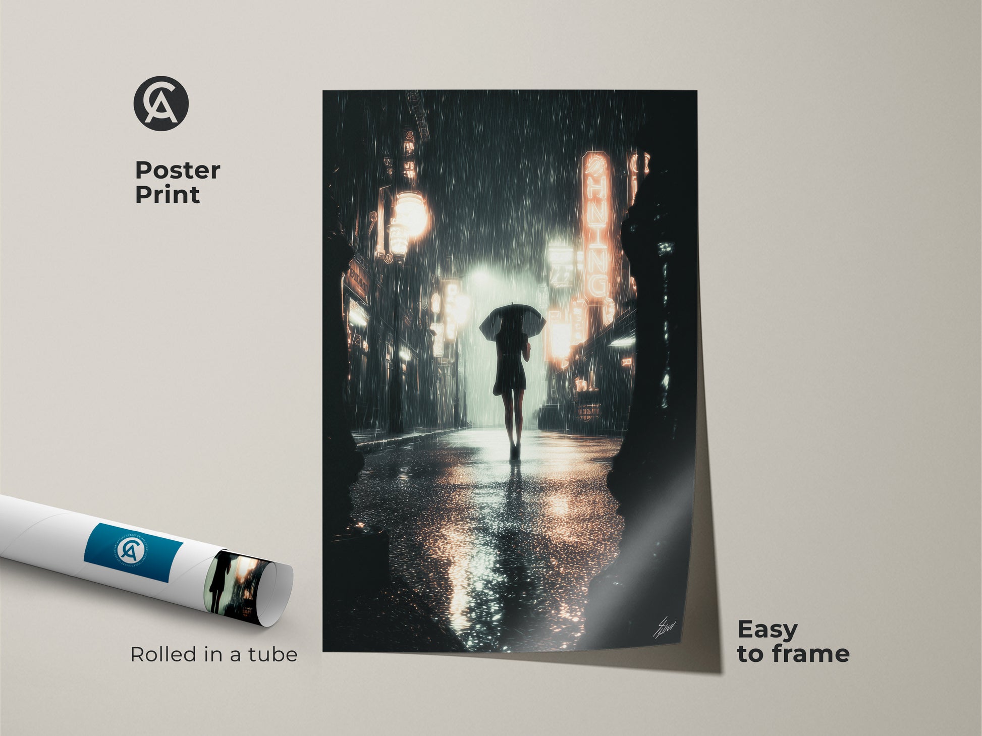 Poster print of a cinematic rainy street art scene. It shows a woman with an umbrella. This neon city nightlife print is rolled in a tube. Easy to frame this urban cityscape wall art is perfect for modern home office art.