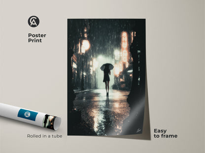 Poster print of a cinematic rainy street art scene. It shows a woman with an umbrella. This neon city nightlife print is rolled in a tube. Easy to frame this urban cityscape wall art is perfect for modern home office art.