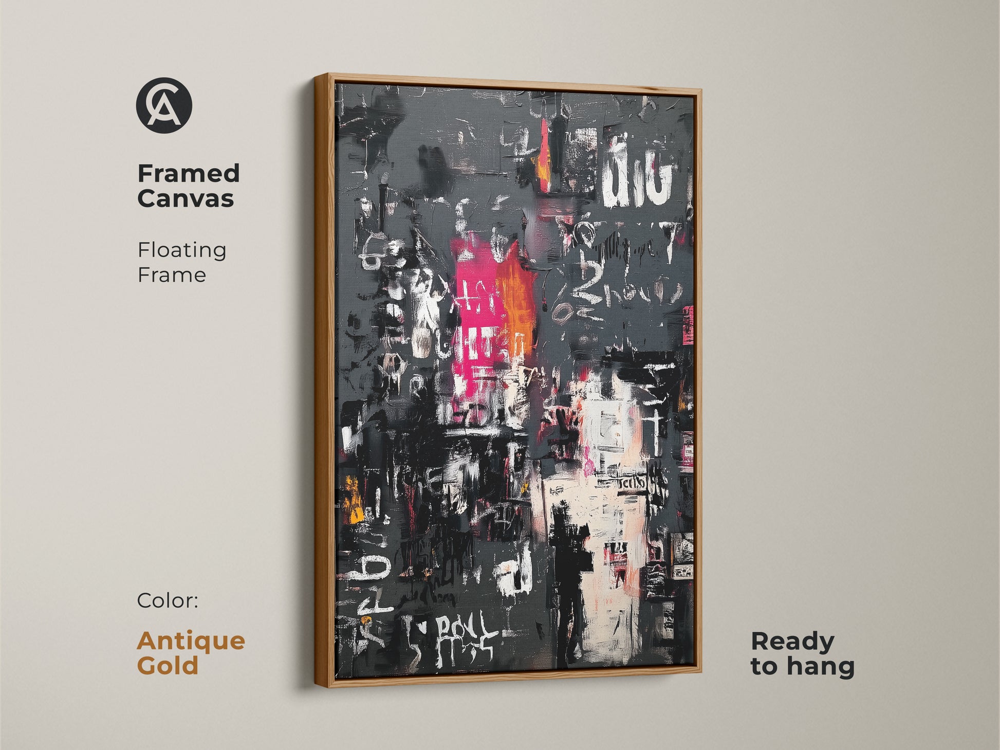 Framed canvas print of an abstract art piece. The floating frame has an antique gold finish. The artwork displays a gray backdrop with white pink and black markings. Ready to hang this canvas enhances your decor. Buy today.