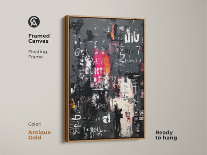 Framed canvas print of an abstract art piece. The floating frame has an antique gold finish. The artwork displays a gray backdrop with white pink and black markings. Ready to hang this canvas enhances your decor. Buy today.