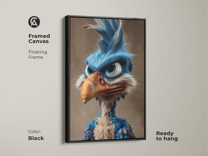 Framed canvas art featuring a cartoon bird with a floating frame. The black frame enhances the artwork's vibrant colors. This ready-to-hang piece is a great addition to any art collection or living space.