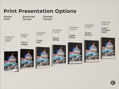 Explore art print presentation options for retro car and slot machine artwork. Choose from poster prints stretched canvas or framed canvas. Each option enhances the mid-century modern feel with museum-quality materials. Find the perfect style for your space.