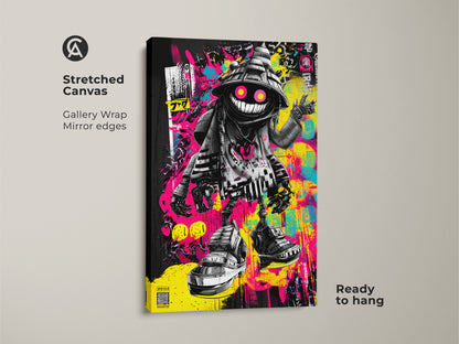 Stretched canvas print featuring urban graffiti art. The artwork showcases a playful character with bright pink eyes. The canvas has mirror edges and is ready to hang. Gallery wrapped canvas art is a cool addition to any space.