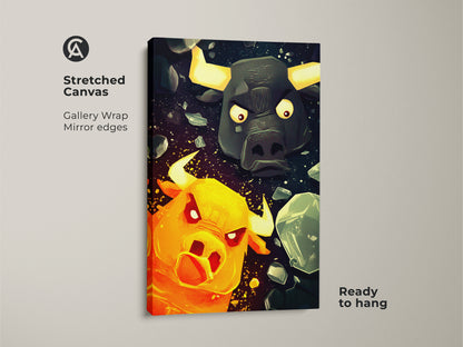 Stretched canvas art features a Minotaur and Bull in a fantasy clash. Gallery wrapped with mirrored edges for a clean look. This piece is ready to hang making it ideal for a Man Cave or gaming room. Orange yellow and teal colors enhance the dynamic feel of this unique mythological beast art.