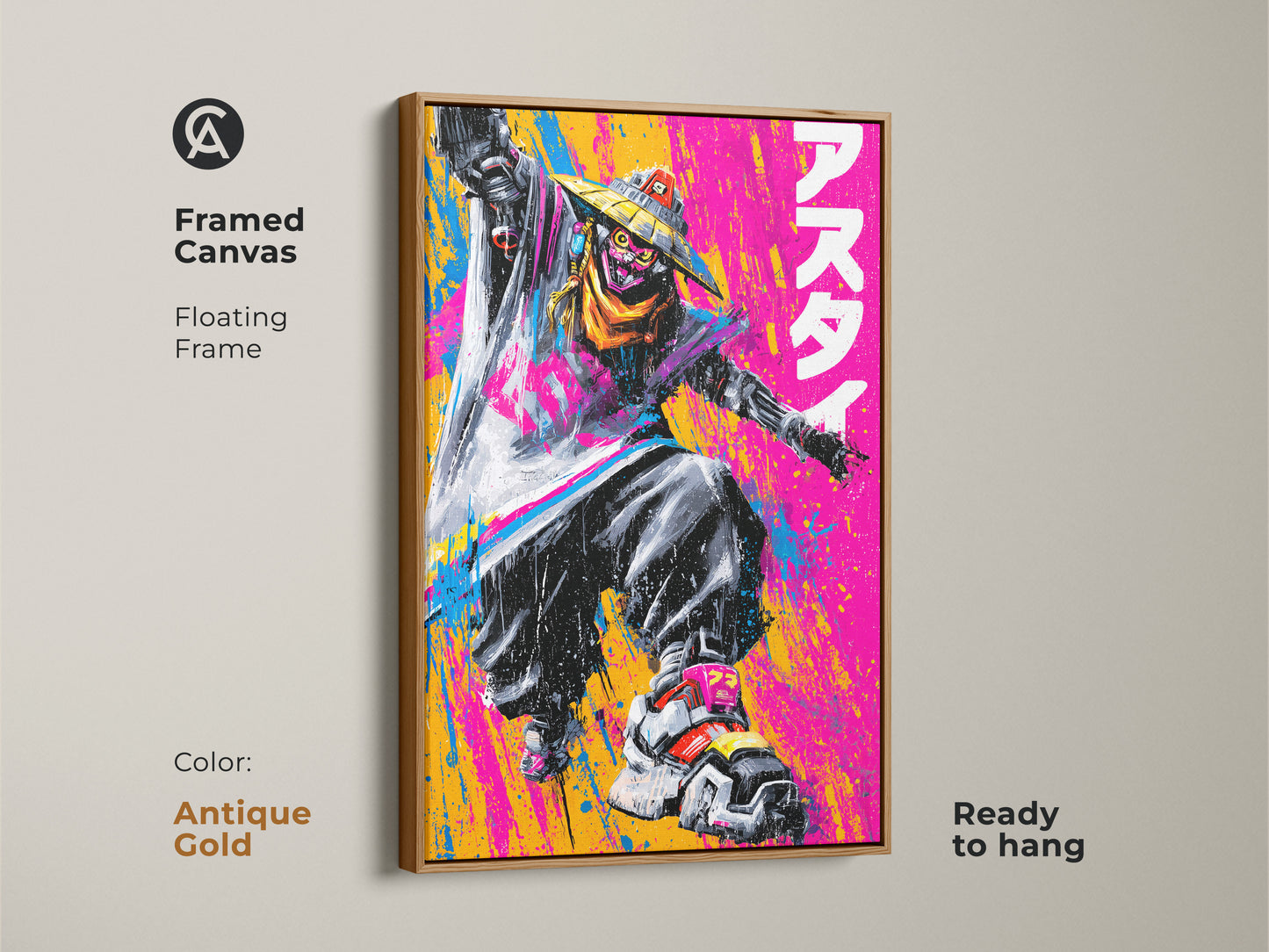 Framed canvas artwork with a floating frame in antique gold. It features a figure in a straw hat ready to hang. The art's bold colors and dynamic artwork are perfect for adding a modern touch to your space.