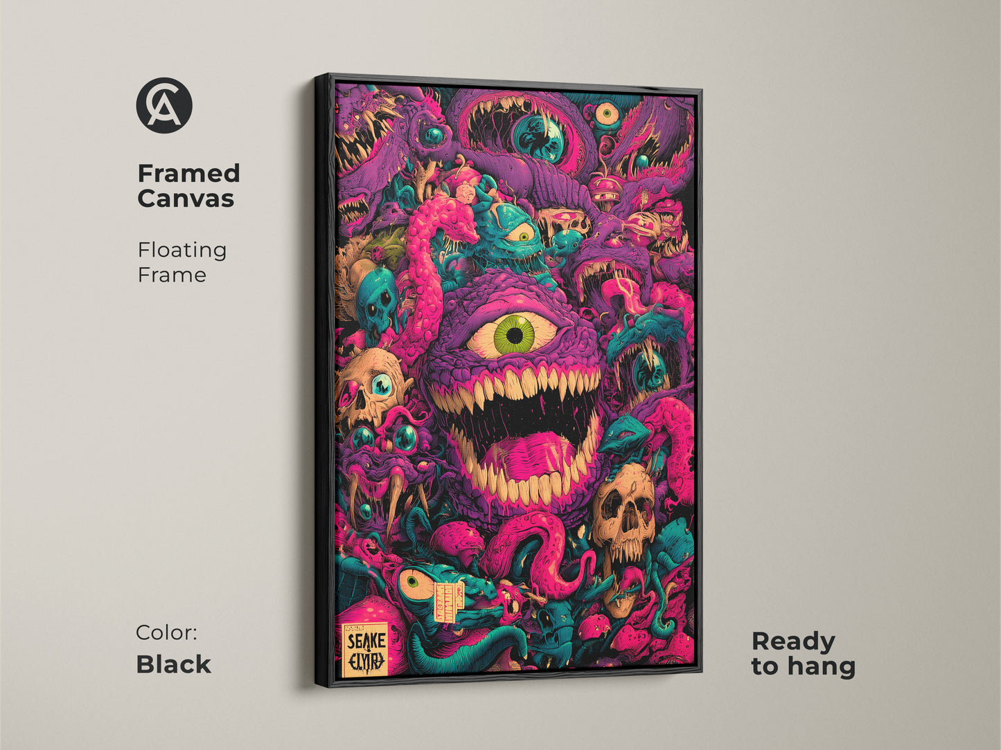 Framed Canvas Floating Frame in Black. Ready to hang. Monster artwork featuring vibrant colors. Skulls tentacles & eyeballs are prominent. The black floating frame enhances the artwork. Making it pop in any room.