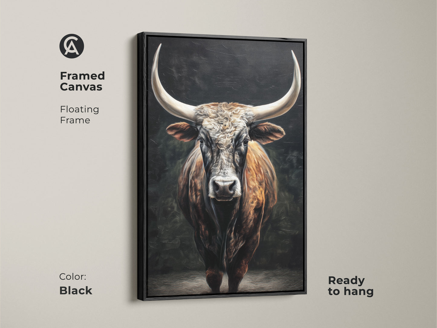 This framed canvas shows a rustic Texas Longhorn. The black floating frame enhances the bull artwork. Ready to hang this animal wall art adds charm. It's a brown tan farmhouse wall decor piece. Perfect for office wall decor. This bull canvas art is ideal for a study art print.