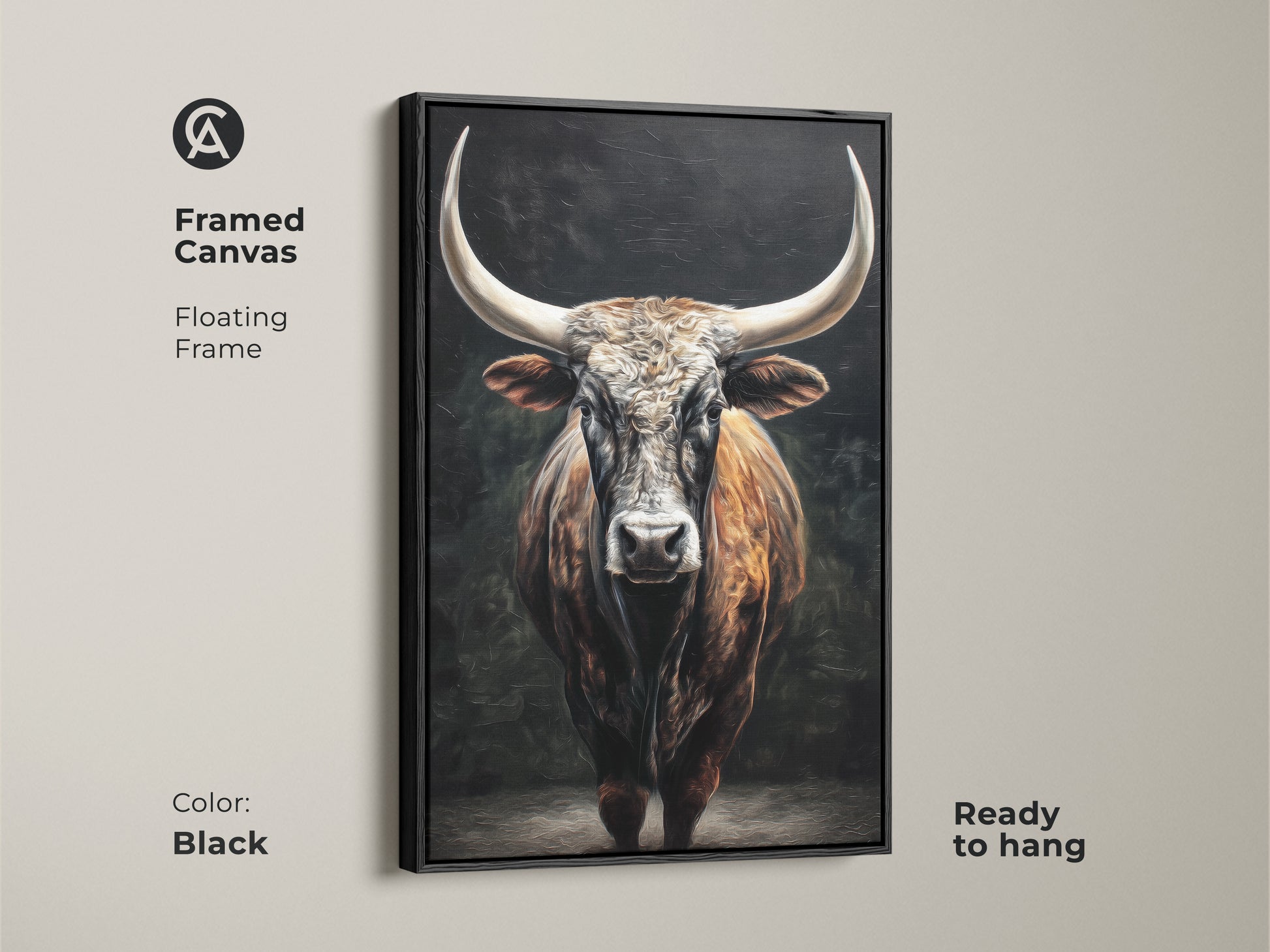 This framed canvas shows a rustic Texas Longhorn. The black floating frame enhances the bull artwork. Ready to hang this animal wall art adds charm. It's a brown tan farmhouse wall decor piece. Perfect for office wall decor. This bull canvas art is ideal for a study art print.