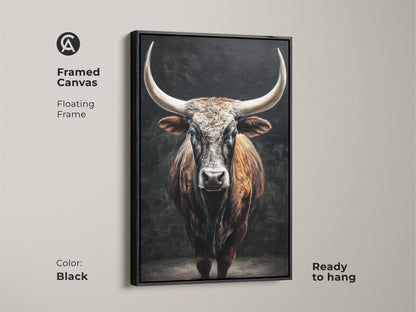 This framed canvas shows a rustic Texas Longhorn. The black floating frame enhances the bull artwork. Ready to hang this animal wall art adds charm. It's a brown tan farmhouse wall decor piece. Perfect for office wall decor. This bull canvas art is ideal for a study art print.