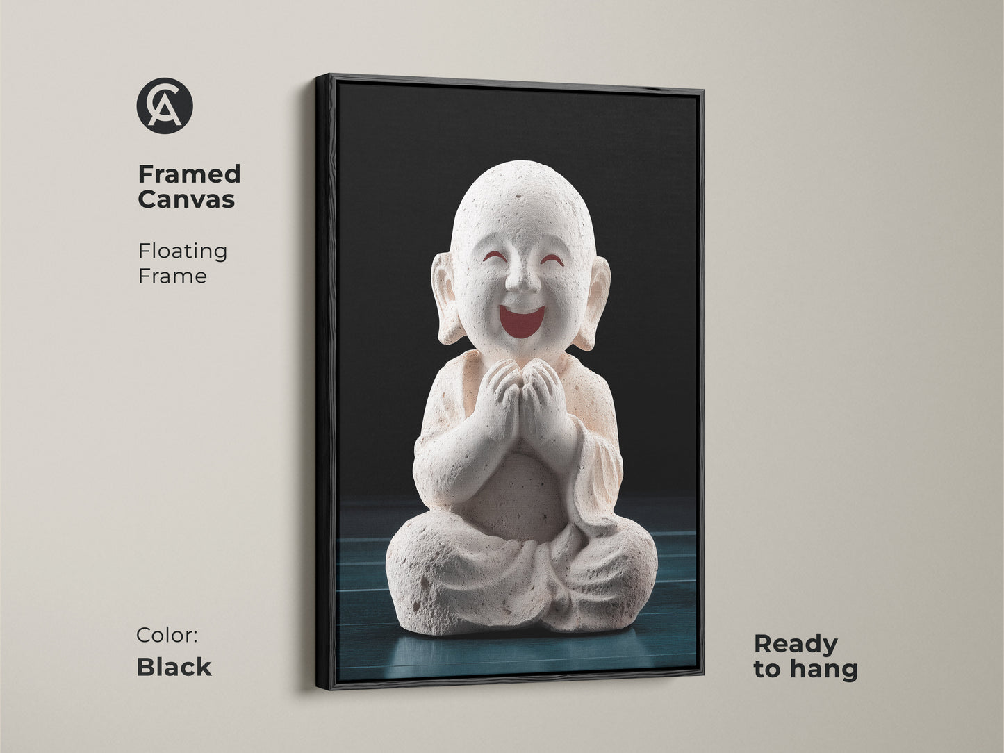 Framed Canvas featuring Minimalist Buddha Wall Art in a black floating frame. This zen monk art is a spiritual accent ready to hang. Perfect meditation gift for any room seeking zen buddhism.