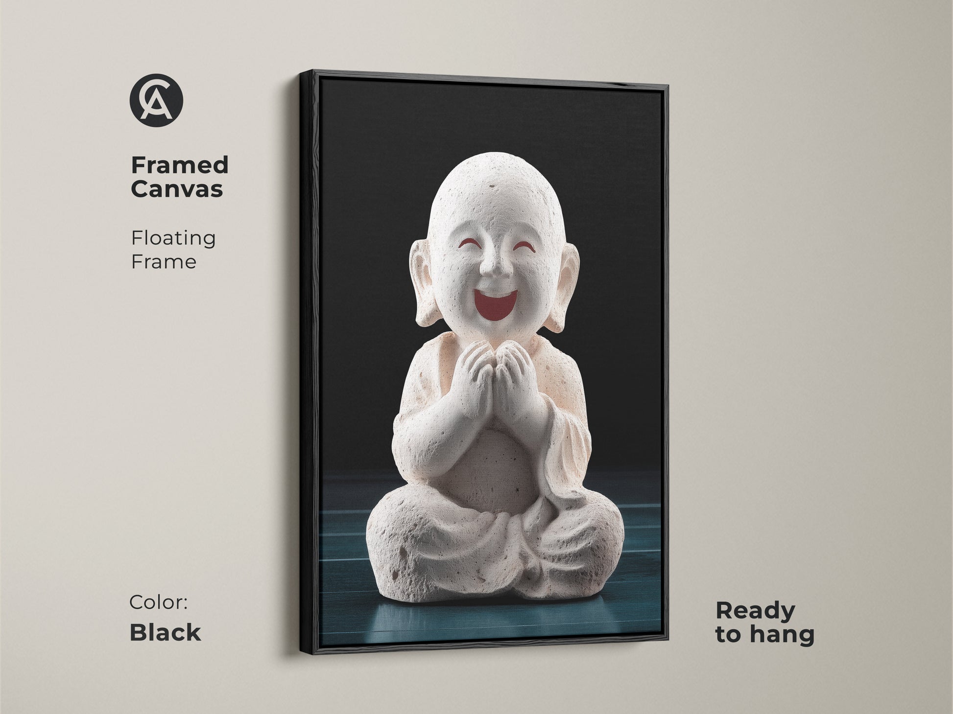 Framed Canvas featuring Minimalist Buddha Wall Art in a black floating frame. This zen monk art is a spiritual accent ready to hang. Perfect meditation gift for any room seeking zen buddhism.