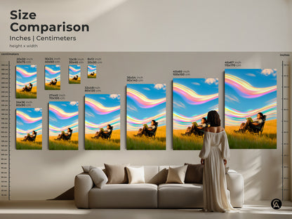 Size comparison for abstract nature canvas prints. Visualize the scale of this surreal person reading art in inches and centimeters. See how the boho sky artwork complements a living room setting. It is perfect for adding a unique touch to your home with various sizes.