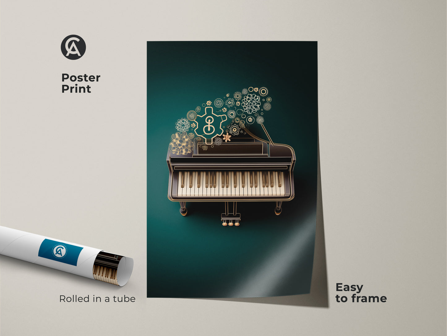 See a poster print of the Steampunk Grand Piano art rolled in a tube. This music themed artwork displays gears and notes in emerald and gold colors. Easy to frame it brings an artistic industrial vibe to any room. It is an excellent gift for pianists and music aficionados.