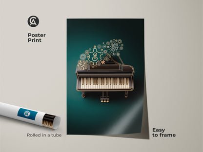 See a poster print of the Steampunk Grand Piano art rolled in a tube. This music themed artwork displays gears and notes in emerald and gold colors. Easy to frame it brings an artistic industrial vibe to any room. It is an excellent gift for pianists and music aficionados.