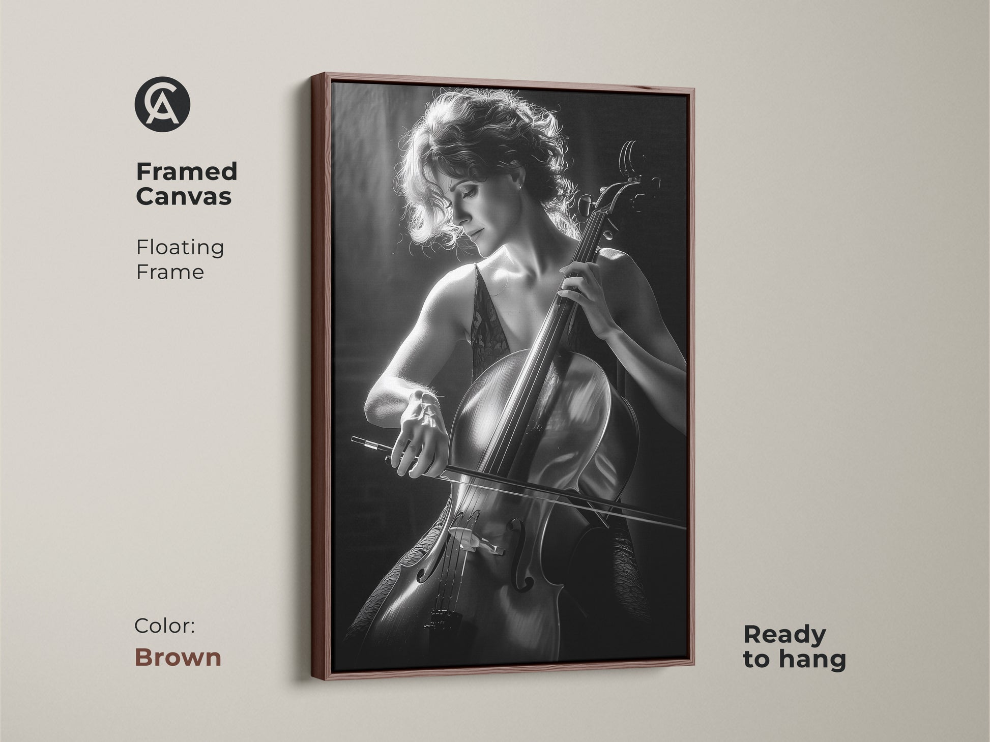 Framed canvas with a brown floating frame featuring a cello player. This ready-to-hang artwork enhances any room. The black and white fine art music print is a musician's gift.