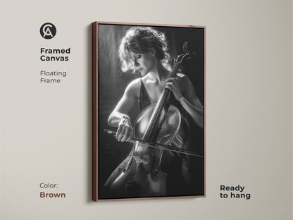 Framed canvas with a brown floating frame featuring a cello player. This ready-to-hang artwork enhances any room. The black and white fine art music print is a musician's gift.