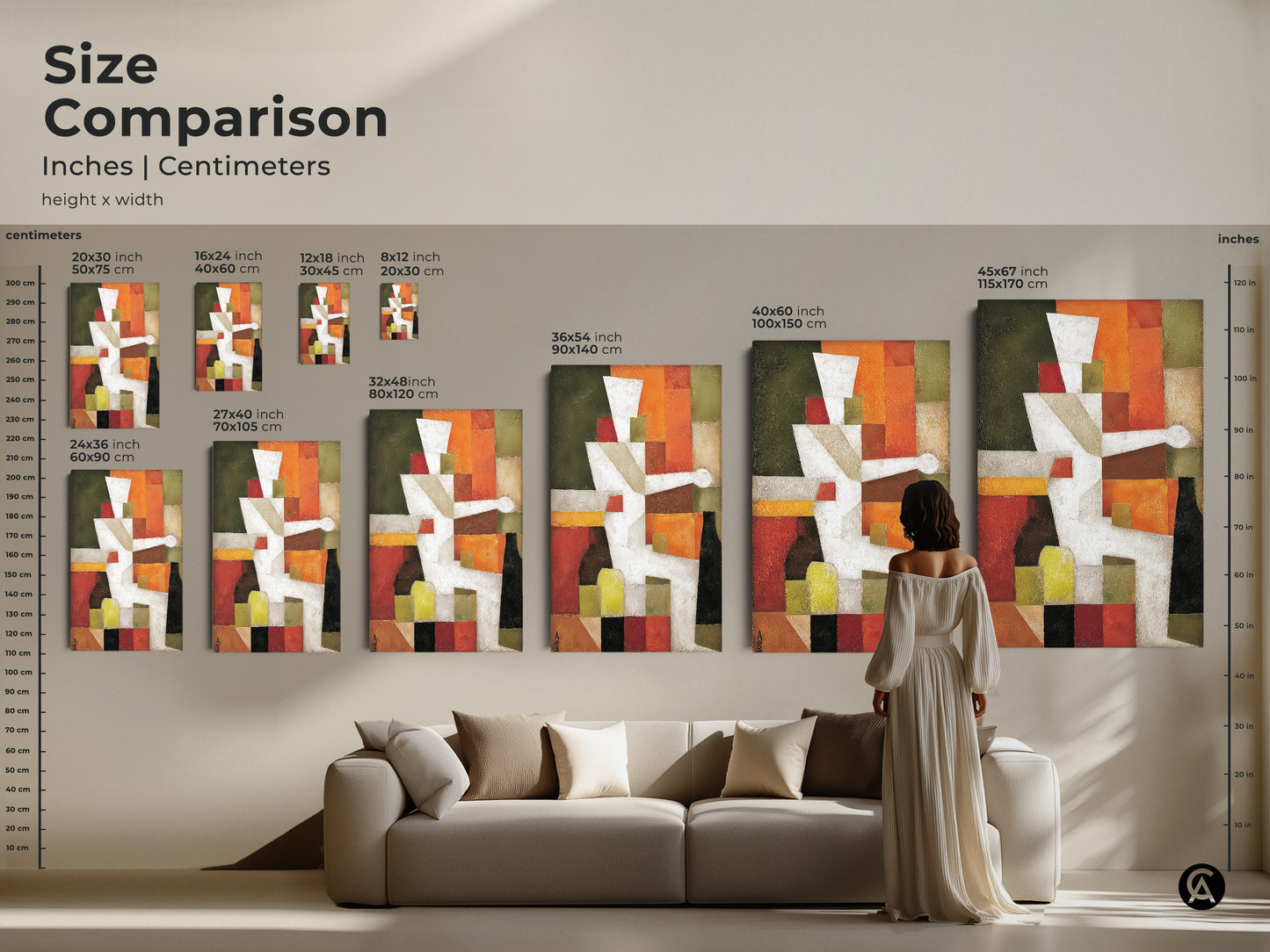 Size comparison of abstract geometric artwork in inches and centimeters. Canvas and poster prints are available in various sizes. Find the perfect fit for your living room decor. This art enhances any modern home.
