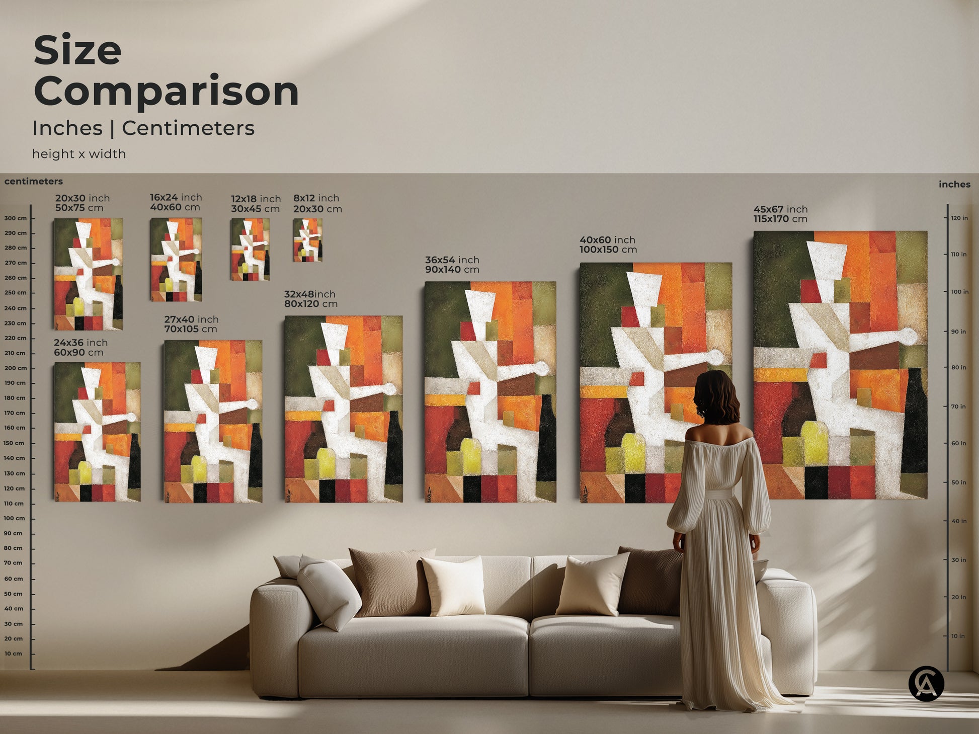 Size comparison of abstract geometric artwork in inches and centimeters. Canvas and poster prints are available in various sizes. Find the perfect fit for your living room decor. This art enhances any modern home.