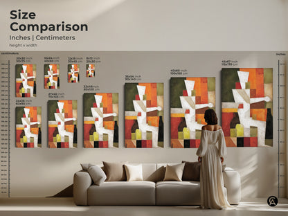 Size comparison of abstract geometric artwork in inches and centimeters. Canvas and poster prints are available in various sizes. Find the perfect fit for your living room decor. This art enhances any modern home.