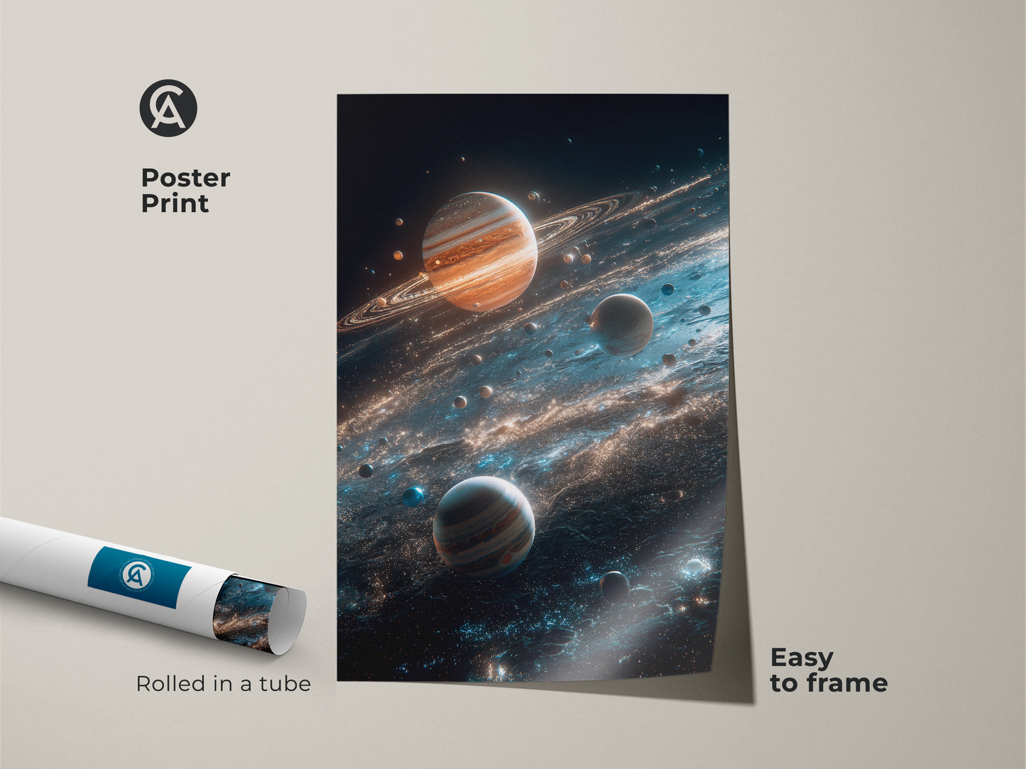 Poster print featuring planets and cosmic dust rolled in a tube. This planet art is easy to frame. Perfect for adding a touch of the cosmos to your home decor. Shop now for museum-quality space prints.