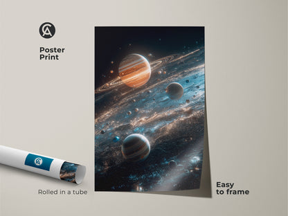 Poster print featuring planets and cosmic dust rolled in a tube. This planet art is easy to frame. Perfect for adding a touch of the cosmos to your home decor. Shop now for museum-quality space prints.