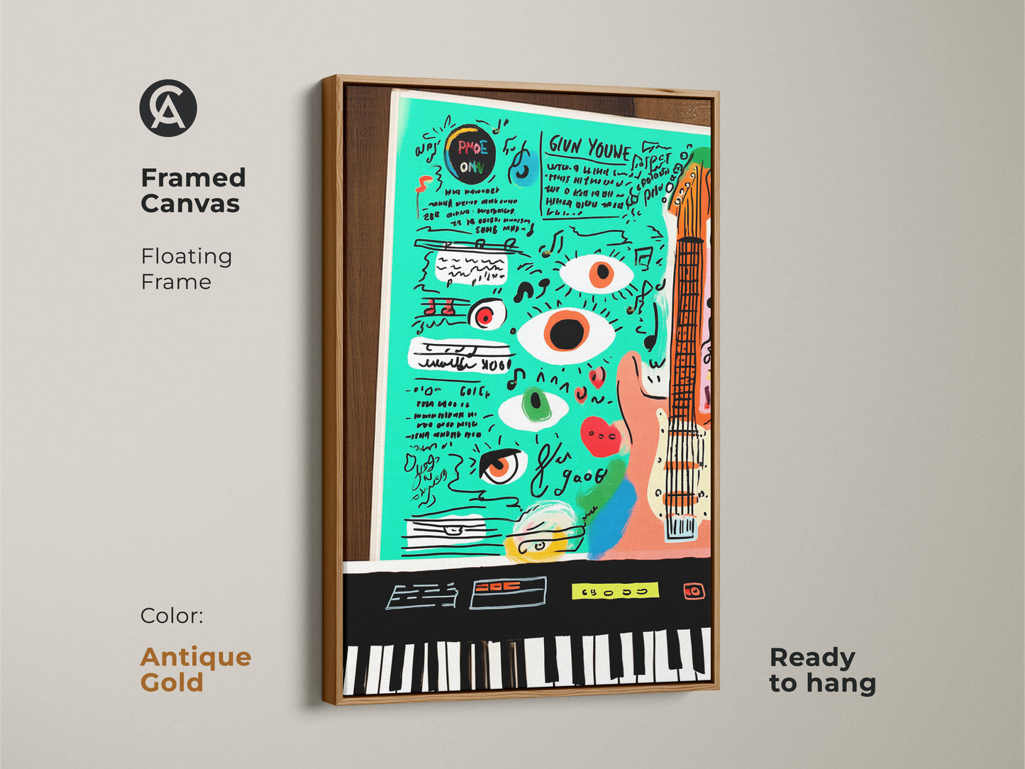 Framed in an antique gold floating frame this canvas showcases a teal orange pop art. The art features music instruments and abstract elements. It is a perfect gift for musicians. Ready to hang this eclectic wall decor brings personality to any studio or office space.
