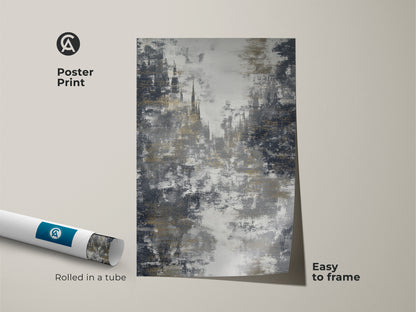 This poster print features abstract cityscape art. The charcoal and gold wall art is rolled in a tube. The textured abstract print is easy to frame. The contemporary office decor brings modern architectural art to your space. Enjoy the unique art for architects gift.