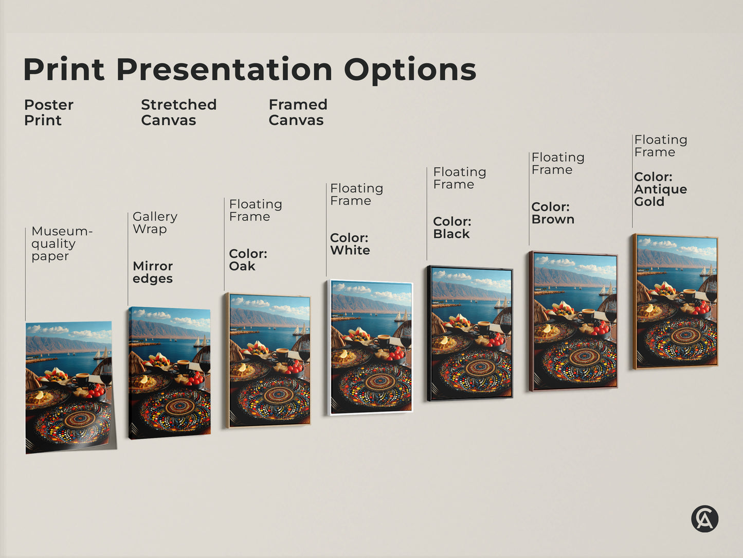Explore print presentation options for Mediterranean seascape art. Choose from poster prints stretched canvas and framed canvas. Options include black brown antique gold and white frames. This folk art style showcases sailboats a fruit platter and mandala art.
