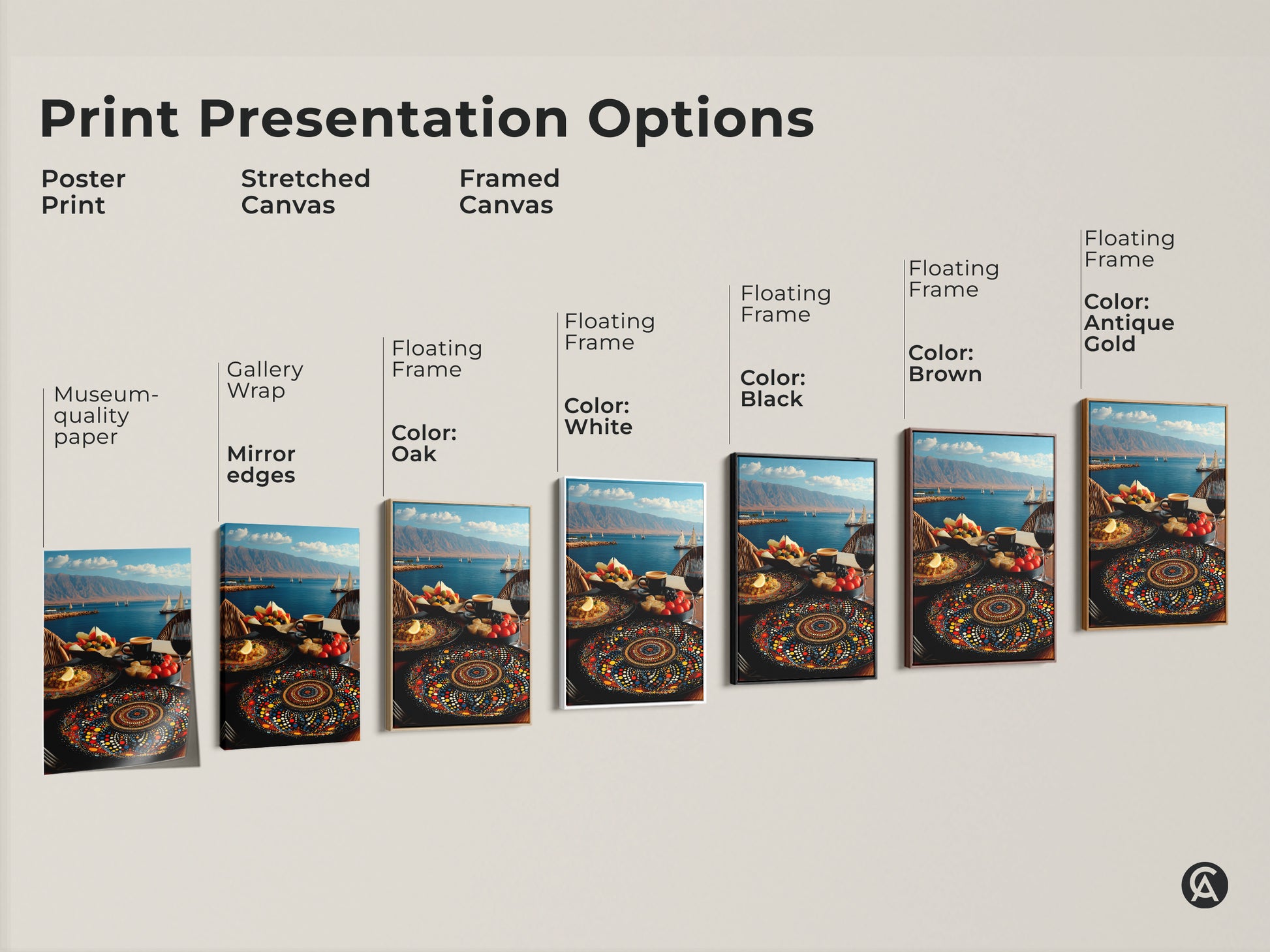 Explore print presentation options for Mediterranean seascape art. Choose from poster prints stretched canvas and framed canvas. Options include black brown antique gold and white frames. This folk art style showcases sailboats a fruit platter and mandala art.