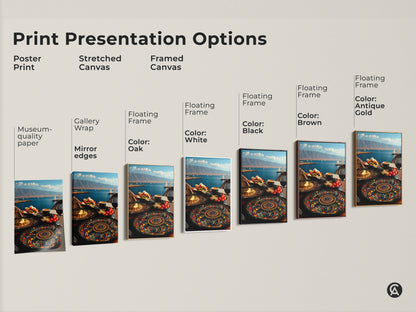 Explore print presentation options for Mediterranean seascape art. Choose from poster prints stretched canvas and framed canvas. Options include black brown antique gold and white frames. This folk art style showcases sailboats a fruit platter and mandala art.
