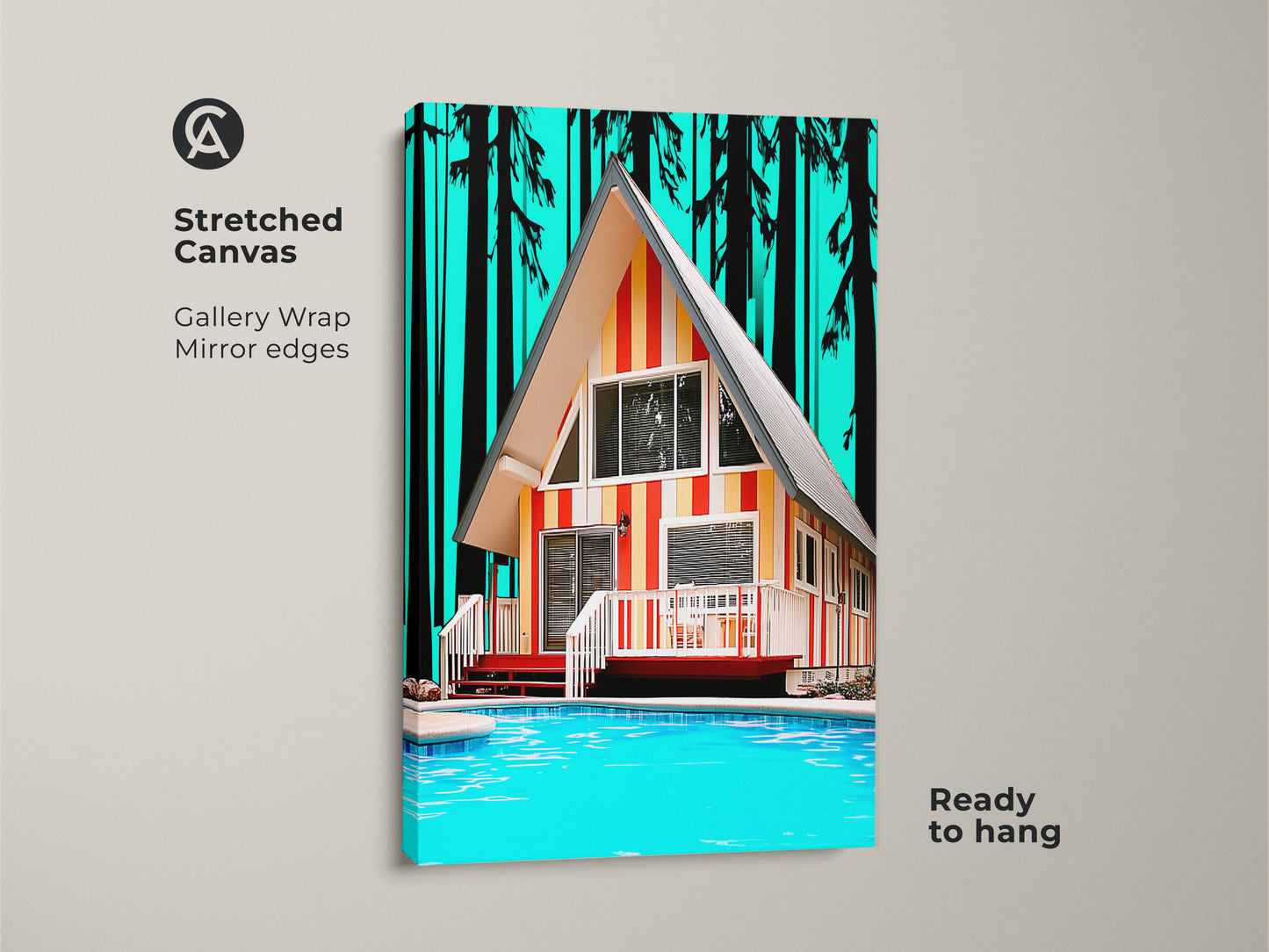 Stretched canvas print of a retro A-frame cabin. Mid-century modern wall decor with poolside cabin artwork. A teal orange yellow artwork with summer vacation vibes. Ready to hang gallery wrap with mirror edges captures vintage architecture.