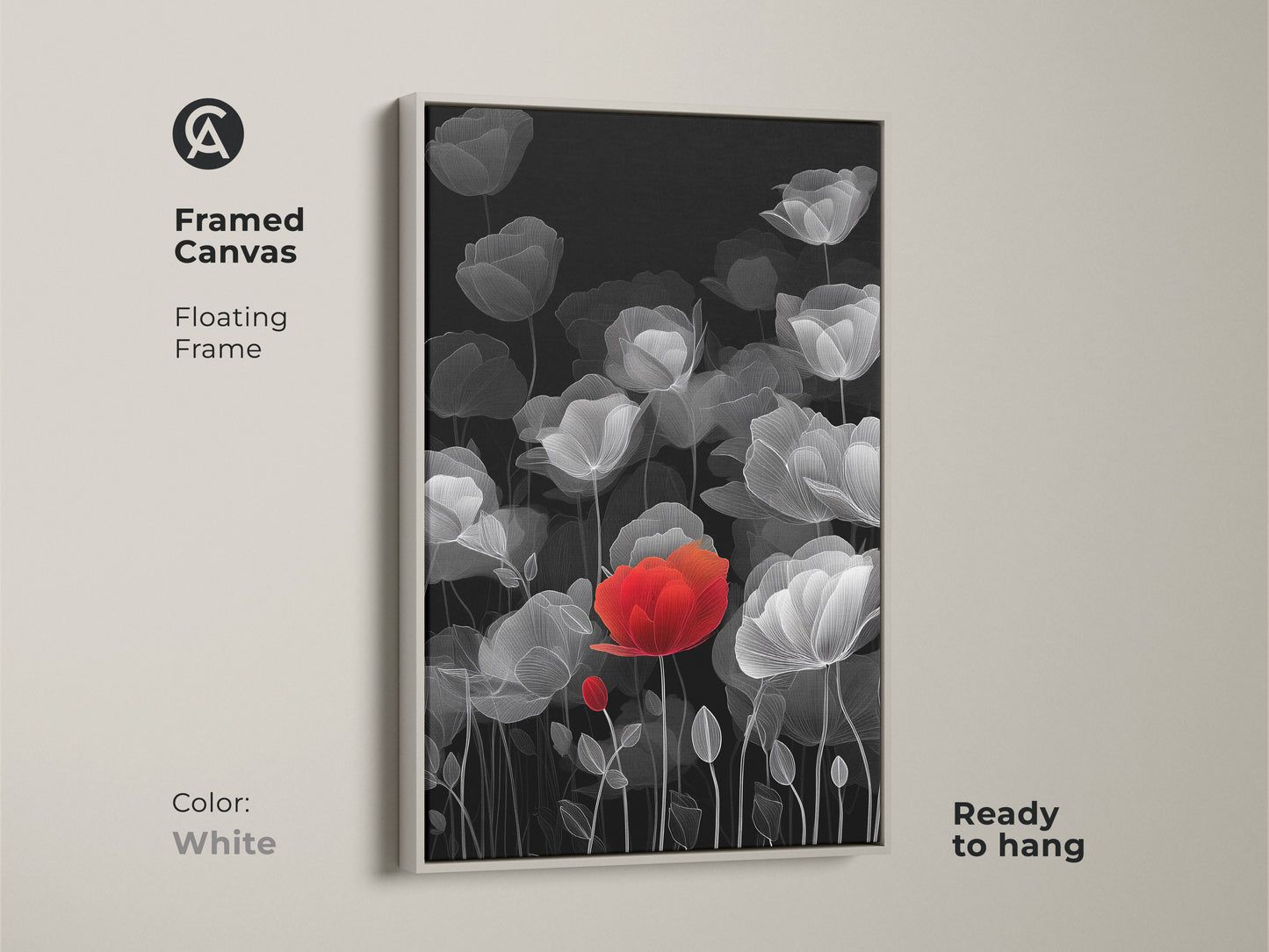 Framed Canvas with a white floating frame. It features modern botanical artwork. The red poppy line art is a vibrant focal point. This minimalist floral wall art is set against black and white florals. Ready to hang this contemporary red accent art easily. A fine art print for living rooms or bedrooms.