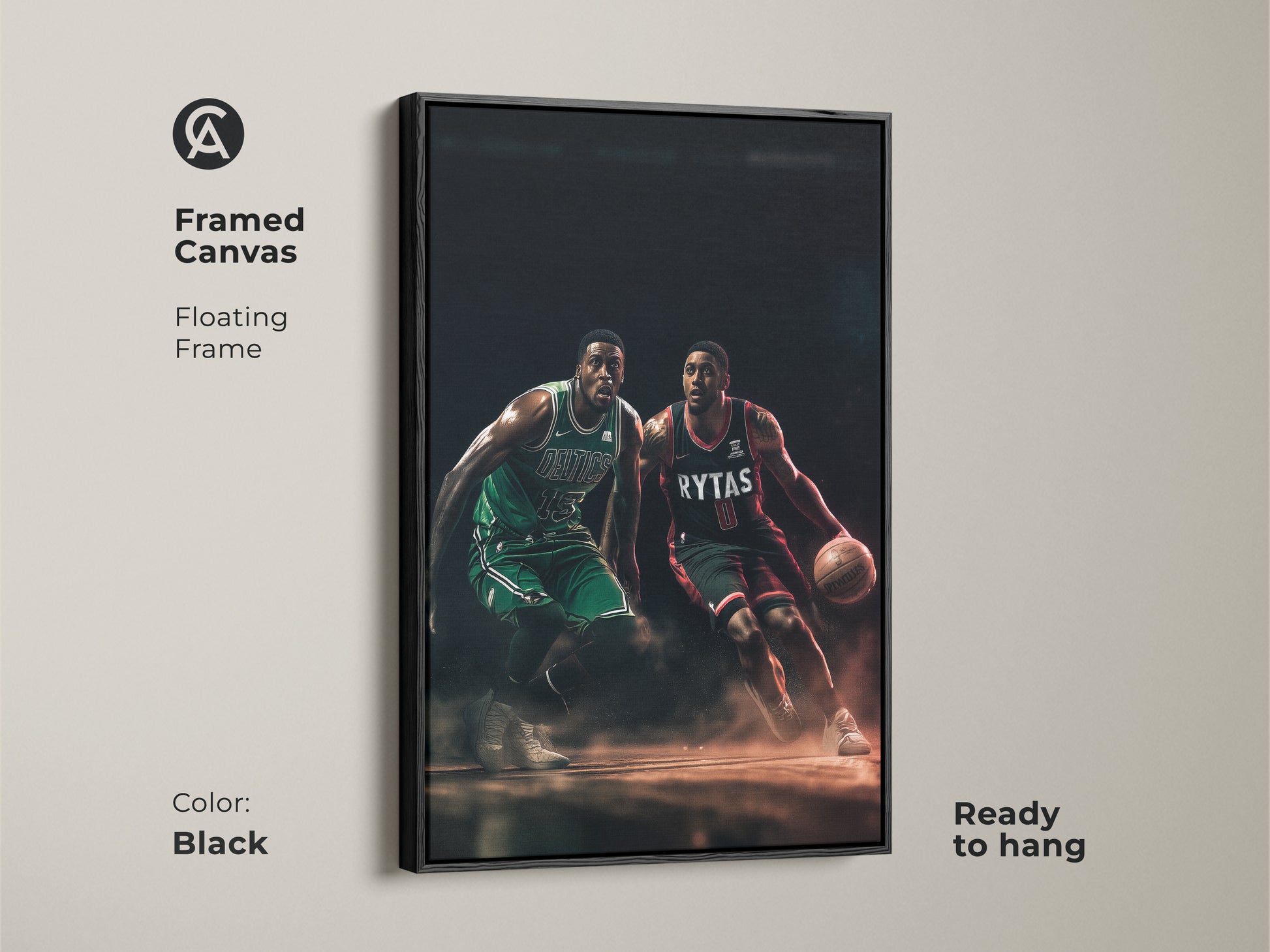 Framed canvas art displaying two basketball players in action. The floating black frame adds a sleek touch. This artwork is ready to hang. Perfect for adding a sporty vibe to any room.