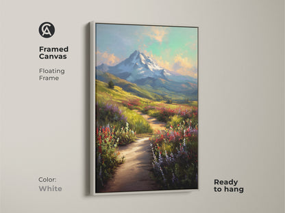 White framed canvas showcasing a scenic mountain view. Rustic home decor with a touch of nature. The floating frame enhances the impressionistic landscape. Bring the beauty of a mountain meadow to your wall.
