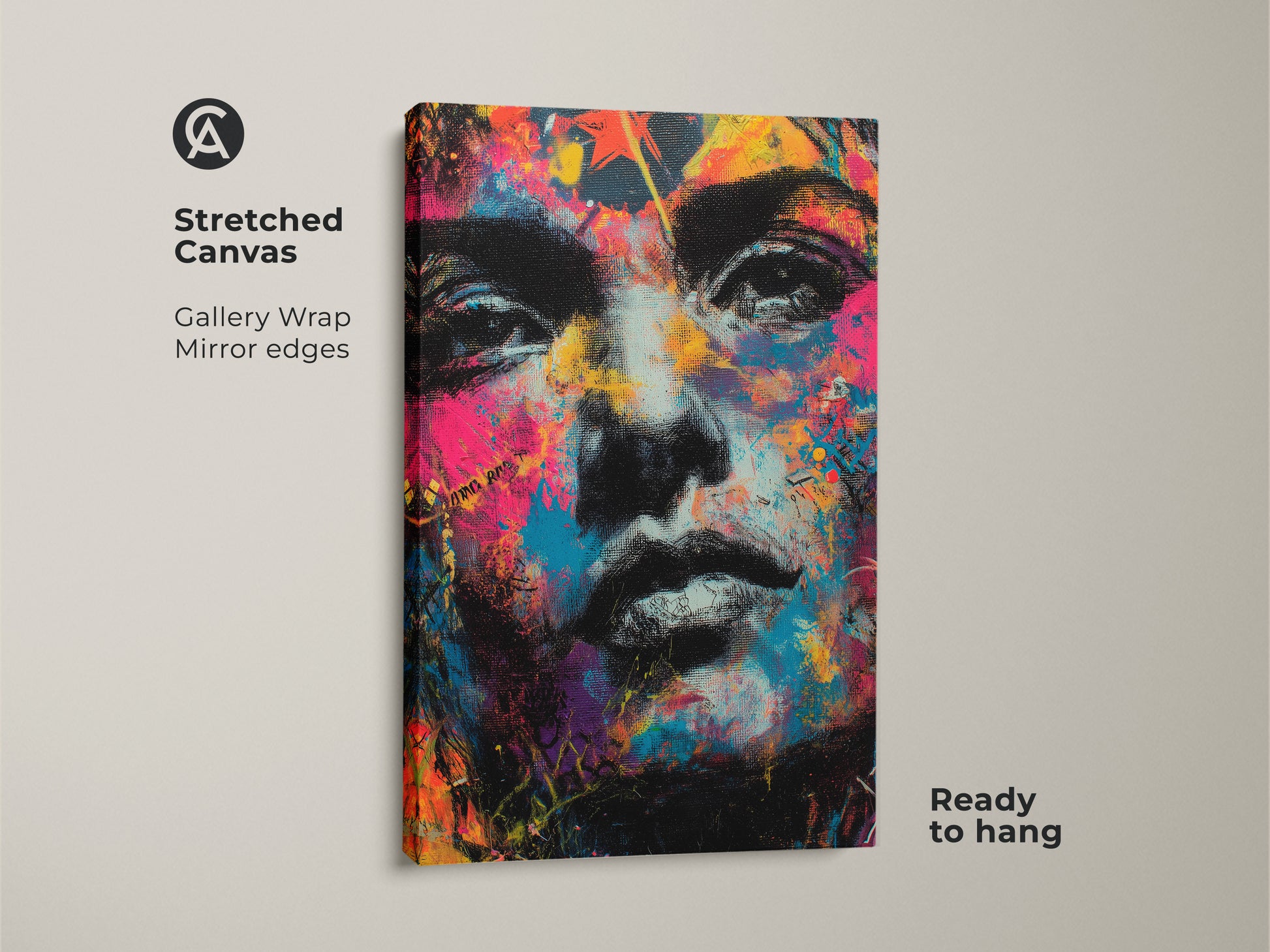 Stretched canvas artwork with a gallery wrap. The portrait features mirror edges. Ready to hang for easy installation. The colorful design is striking. This art piece enhances your home decor. It's a statement piece that stands out.