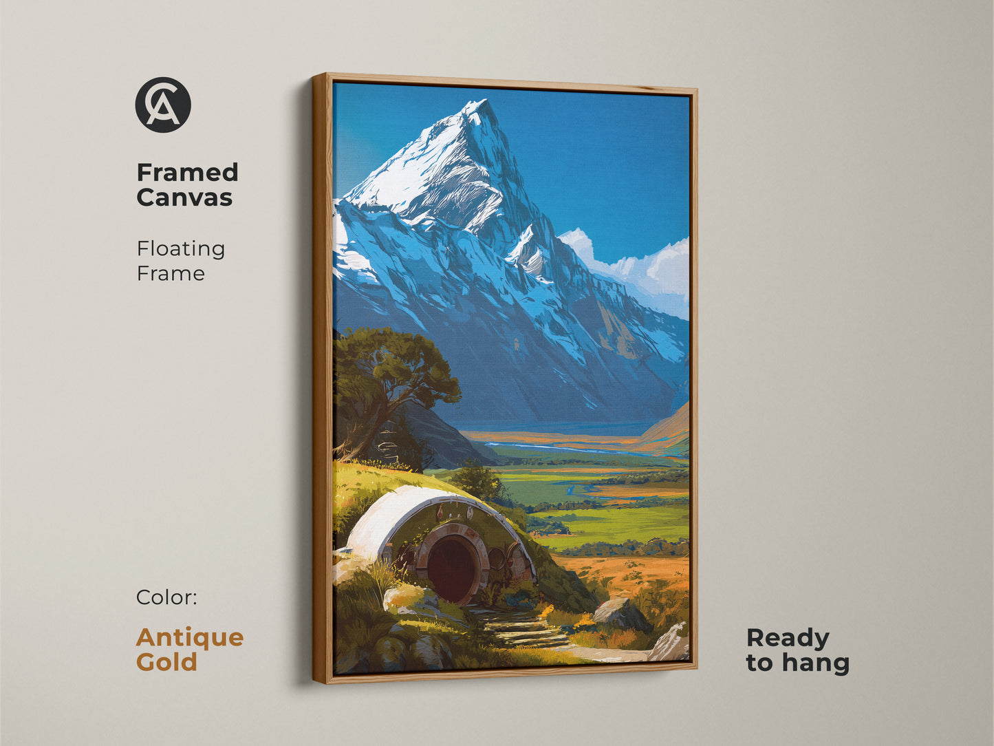 Framed canvas presenting a fantasy hobbit hole art print with an antique gold floating frame. The blue and white landscape adds a touch of magic to your home. A unique gift idea.