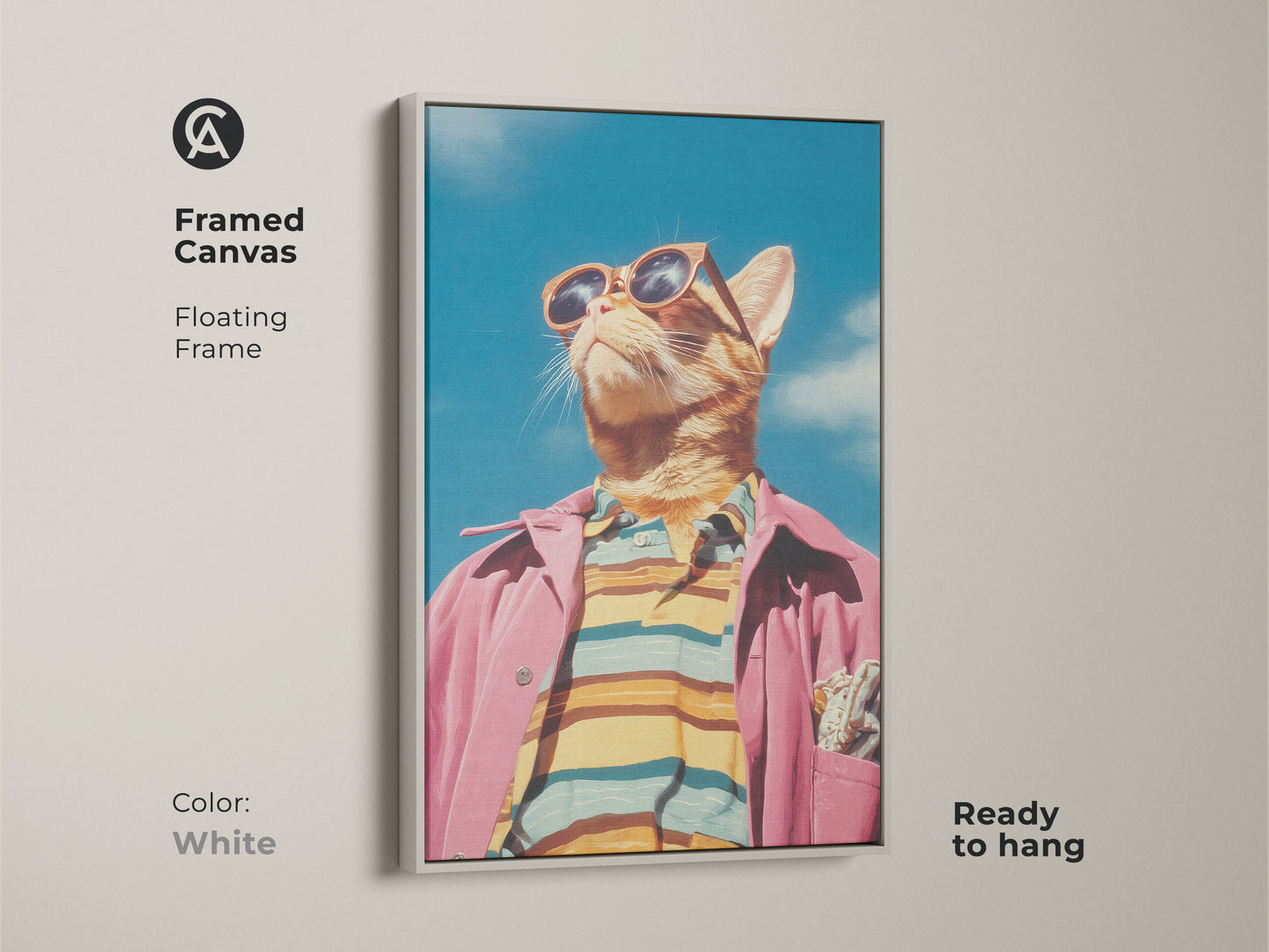 Framed canvas art showcasing a cat in a pink jacket and sunglasses with a white floating frame. This cool cat artwork is ready to hang. Add a modern touch to your home decor with this art. The white frame complements any color scheme.