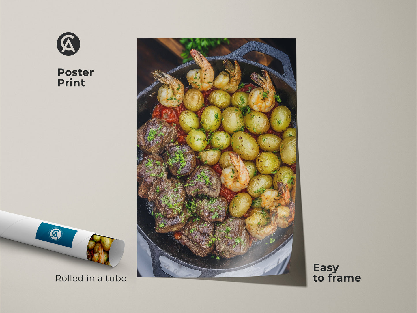 This poster print features a delicious steak and shrimp skillet. It is rolled in a tube for easy framing. The comfort food art adds a gourmet touch to any kitchen. This rustic farmhouse artwork is perfect for dining wall decor.