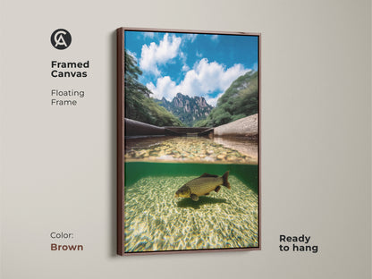 Framed canvas art featuring a split view of a carp underwater and mountains above. This realistic wildlife artwork has a floating brown frame. This nature scene decor is ready to hang adding an outdoor adventure art to any room. Ideal as residential wall art.