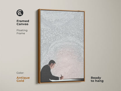 Framed in antique gold this canvas art features a conceptual artwork of a man writing. Ready to hang this minimalist silver and white decor is perfect for any office. This floating frame art embodies intellectual creativity
