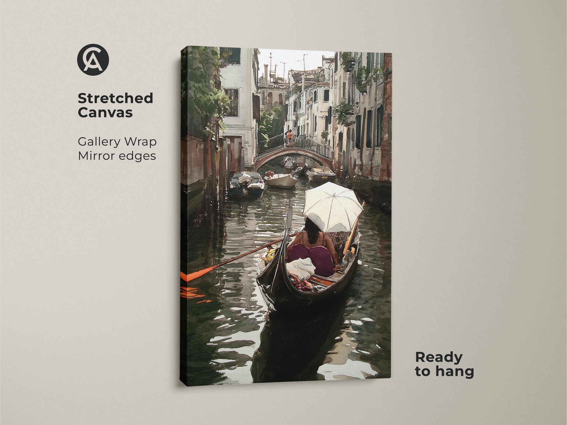 Stretched canvas art print of a Venice canal watercolor painting. This Italian cityscape wall art features gallery wrap mirror edges and comes ready to hang. The artwork displays a gondola boat scene in teal and brown tones perfect for eclectic home decor.
