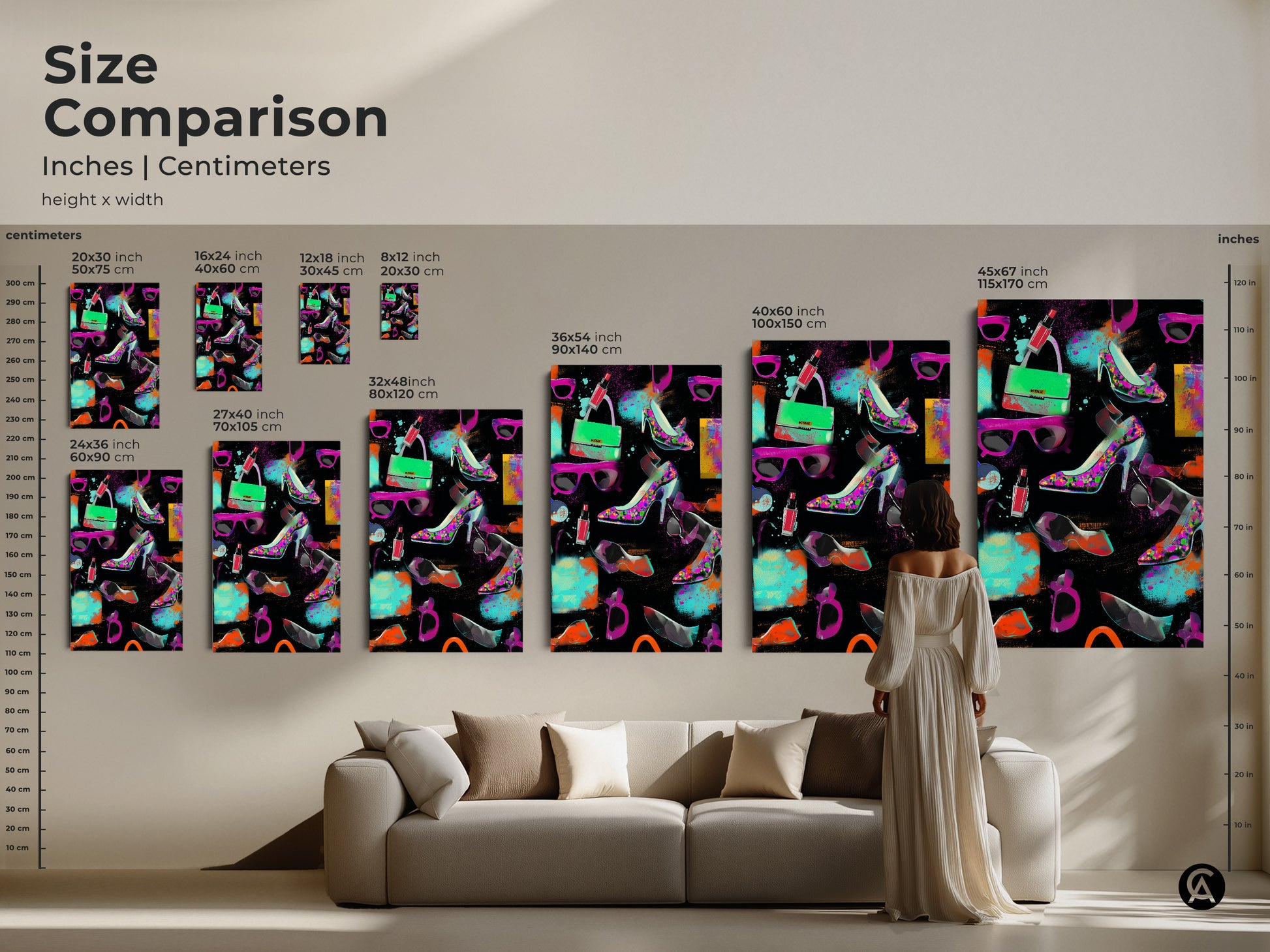 Size comparison of pop art prints in inches and centimeters. See graffiti heels handbag and lipstick artwork in various dimensions. Envision the scale from 8x12 to 45x67 inches. Perfect for glam room decor and eclectic fashion wall art inspiration.