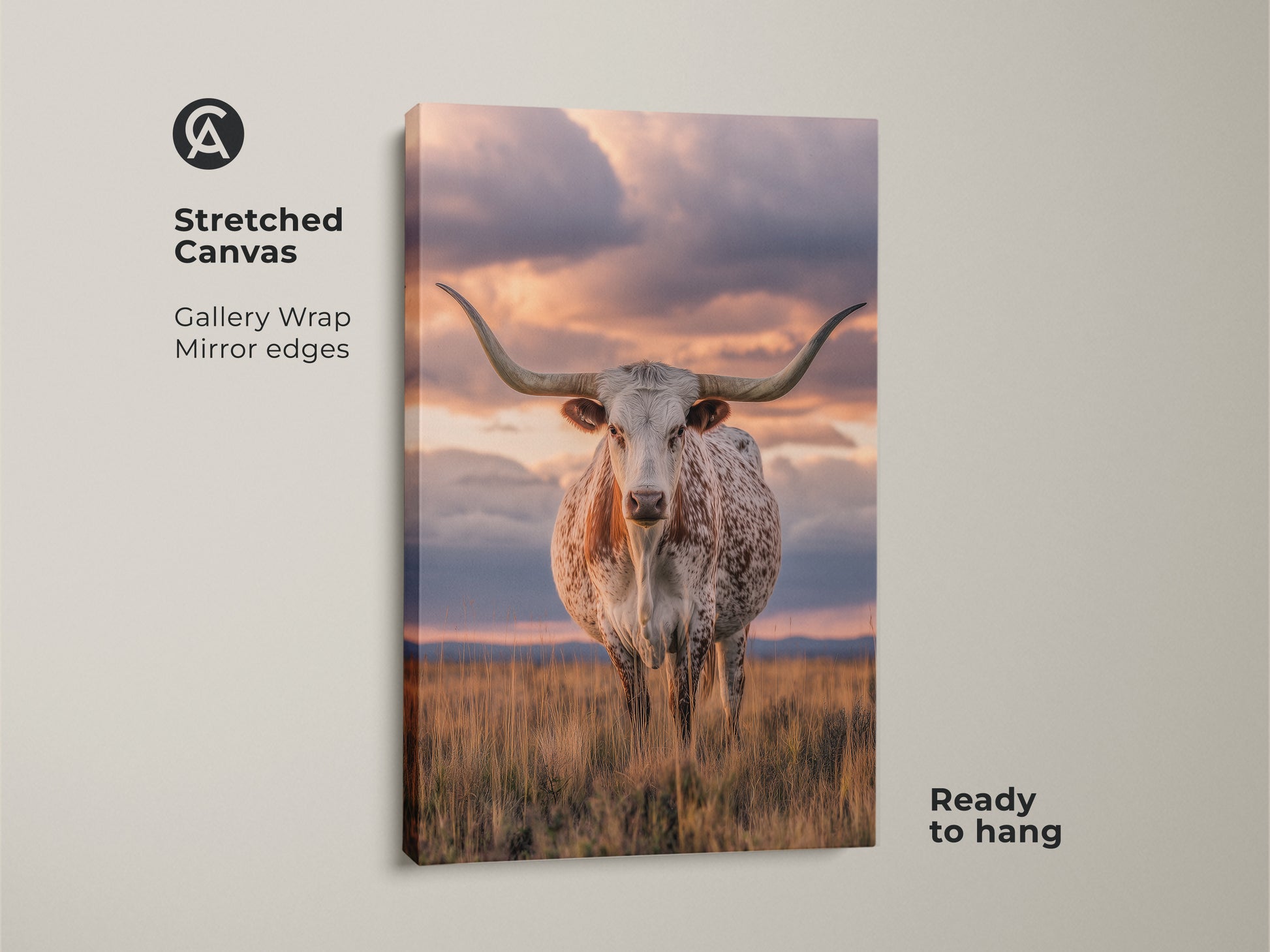 Stretched Texas Longhorn canvas art ready to hang. This gallery-wrapped print features mirror edges adding rustic cattle wall art. Ideal western farmhouse decor showcasing a savanna sunset landscape. A photorealistic animal print enhances any space.