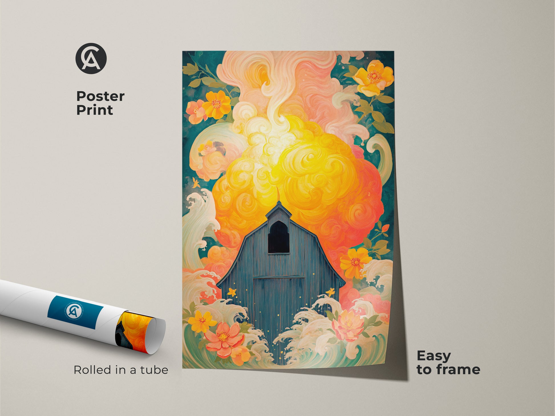 Poster Print featuring a Blue Barn surrounded by Yellow Coral flowers and an abstract sky. Easy to frame this nature landscape art is perfect for eclectic country decor. Rolled in a tube this floral abstract art print is a unique housewarming gift idea. It brings a touch of rustic home decor to any space.