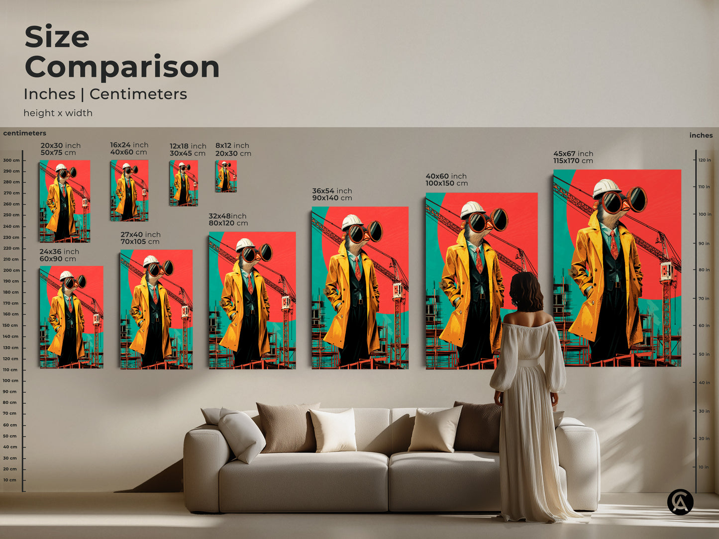 Size comparison of surrealist bird architect prints on canvas. See how the pop art construction wall art looks in various sizes. Find the perfect size for modern office canvas art.